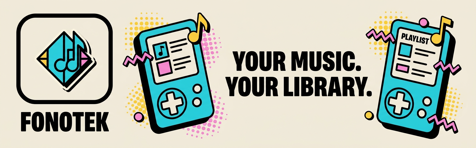 Illustration néobrutaliste : baladeur musical cyan avec notes de musique — Your music. Your library.